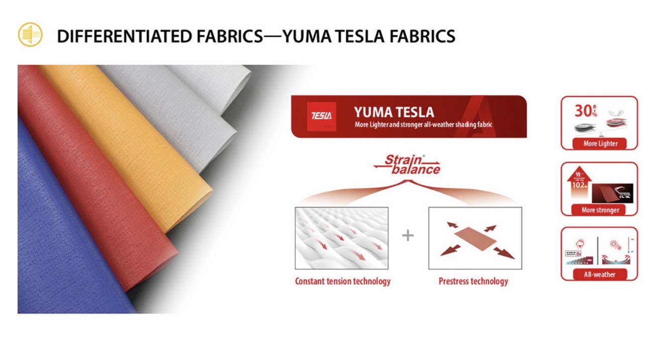Yuma Tesla high-performance outdoor fabric — strain-balance technology with 30% lighter weight and all-weather durability