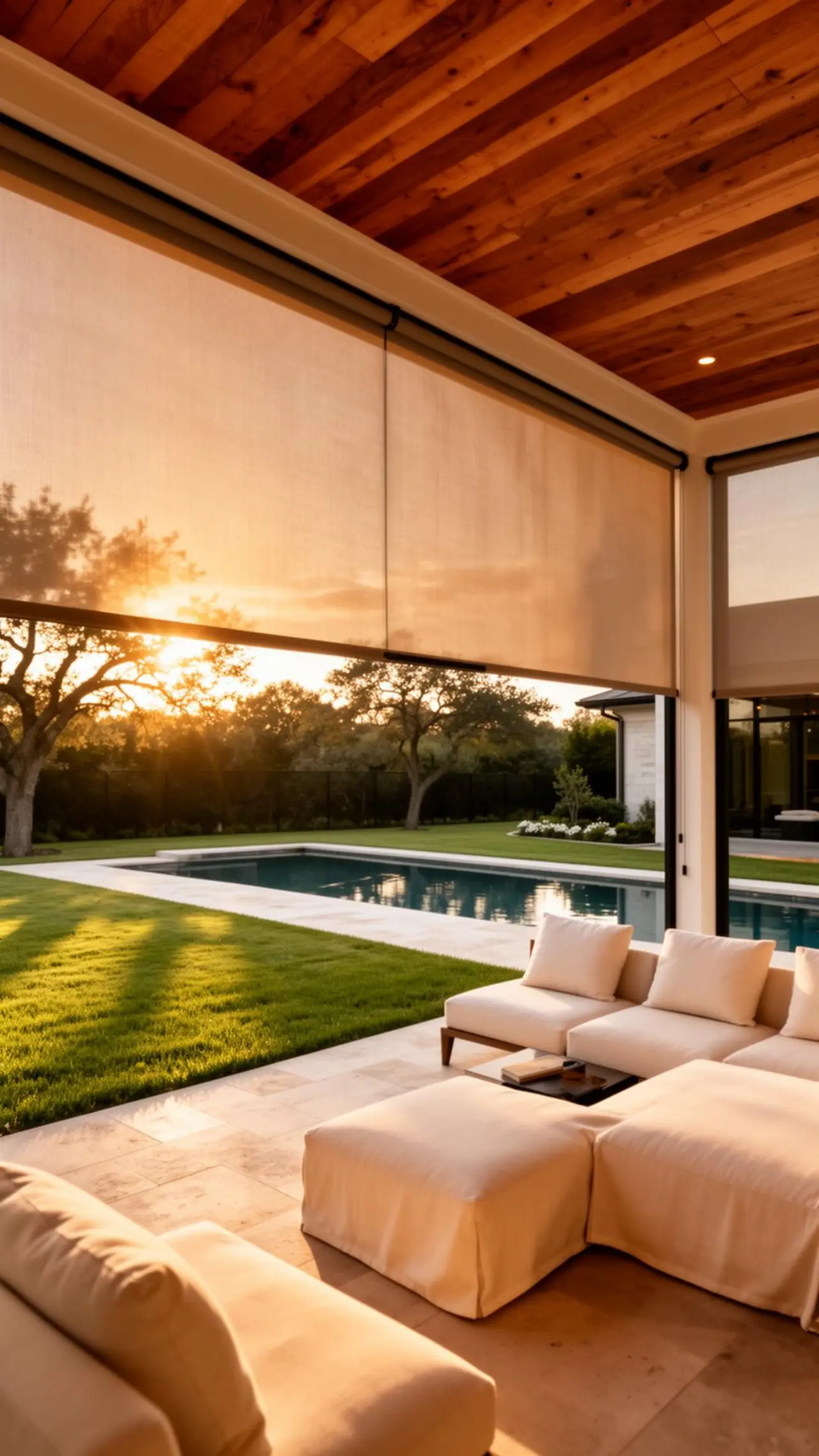 Luxury DFW patio with motorized zip track shades at golden hour