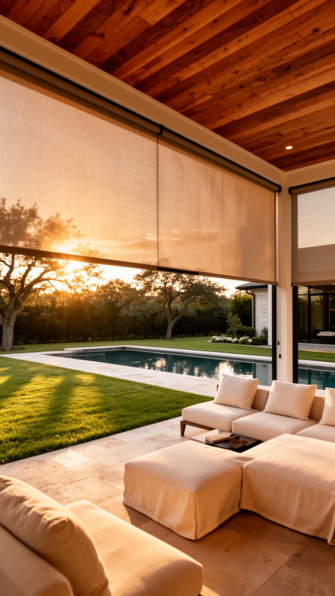 Luxury Dallas patio with motorized shades at golden hour
